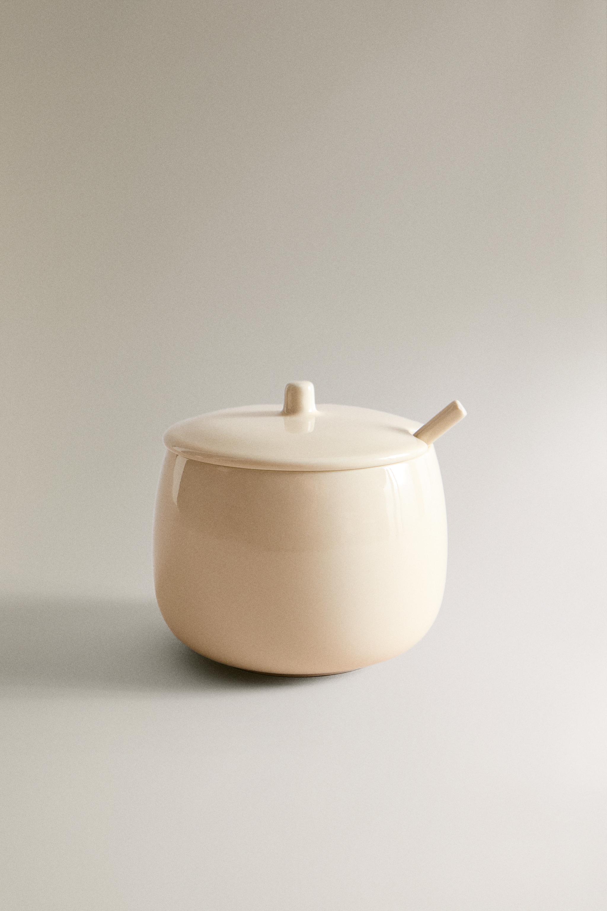 PLAIN STONEWARE SUGAR BOWL WITH SPOON